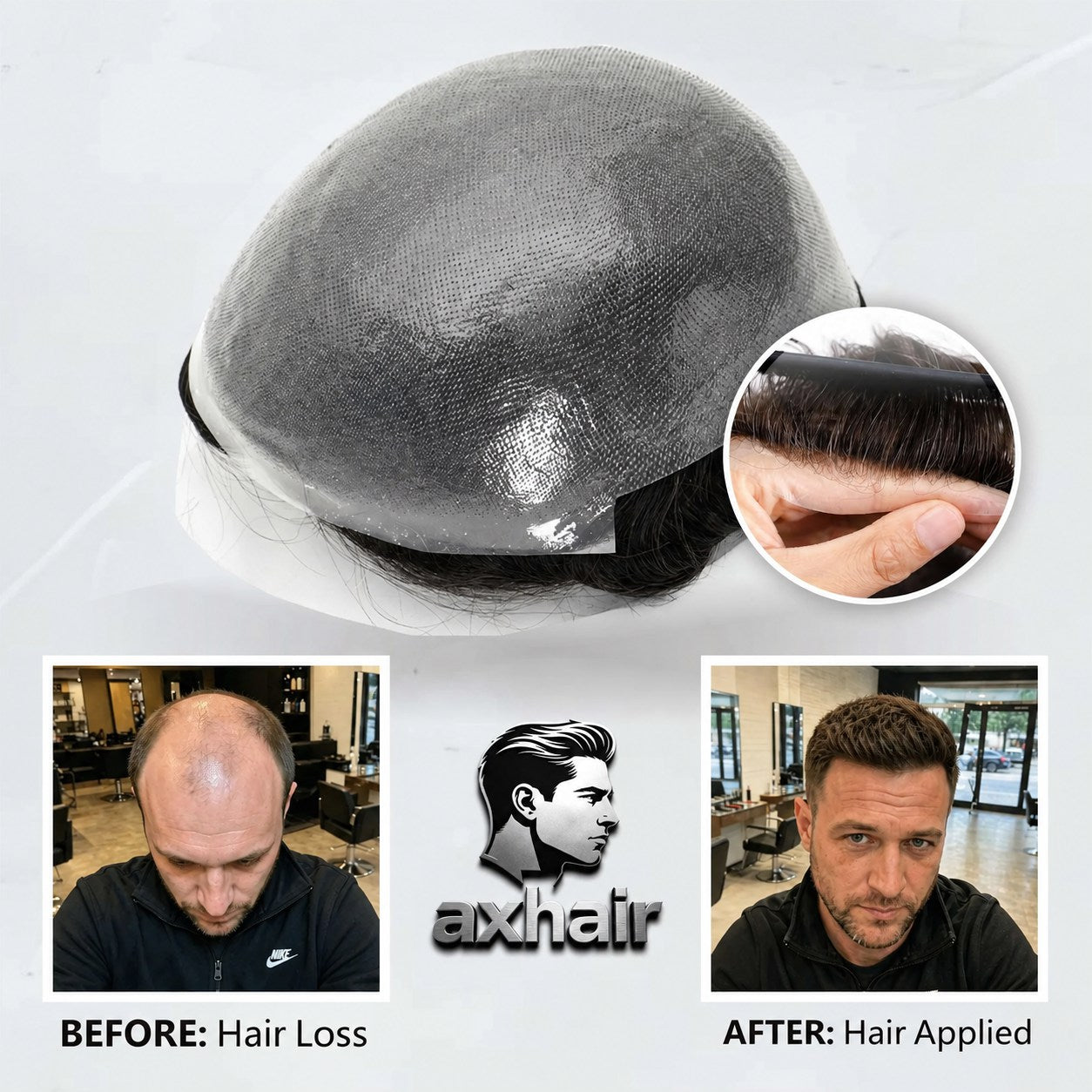 Men's thin skin toupee with gray base and dark hair, shown with close-up hairline